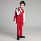 男童小西服男孩马甲套装 红色 儿童礼服钢琴演出服模特走秀表演服装