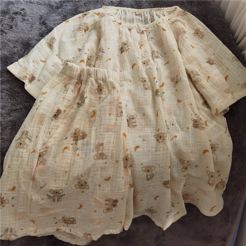 女款简约薄款圆领短袖短裤夏季睡衣纯棉双层纱布可爱考拉