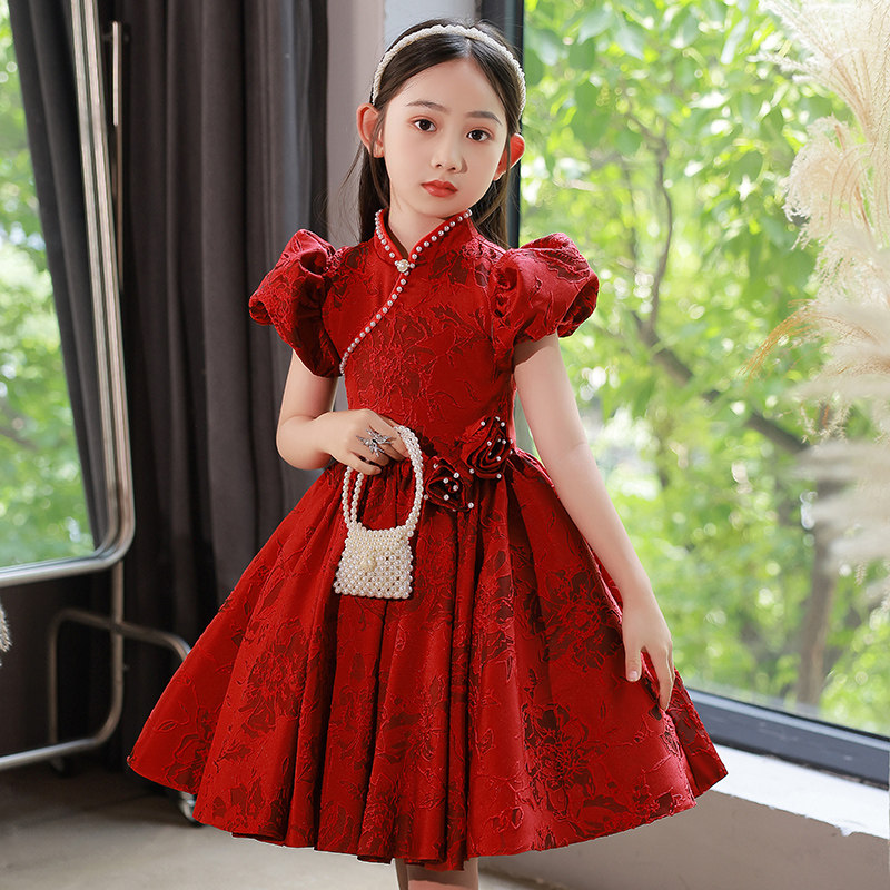 女童红色礼服小主持人生日公主裙高级感演出服儿童国风旗袍高贵女