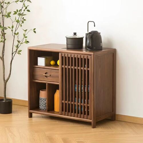 新中式北美黑胡桃木茶水柜实木禅意茶水台烧水柜下置水桶简约边柜