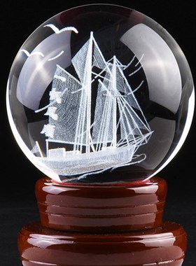 水晶球内雕船一帆风顺家居饰品中式摆件乔迁送礼朋友客厅摆放桌面