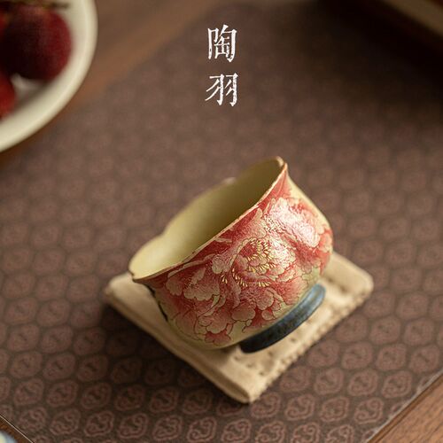 青花火石红陶瓷茶杯家用品茗杯花口杯禅定杯喝茶杯子复古茶具单杯