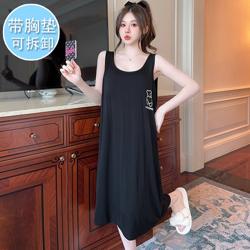 带胸垫睡裙女夏季莫代尔棉大码200斤薄款背心无袖连衣裙孕妇睡衣图片