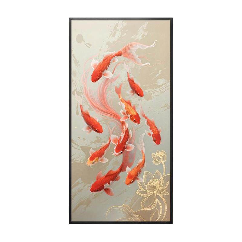 《鸿运锦鲤九鱼图》风水玄关入户装饰画喜庆楼梯竖款挂画中式壁画