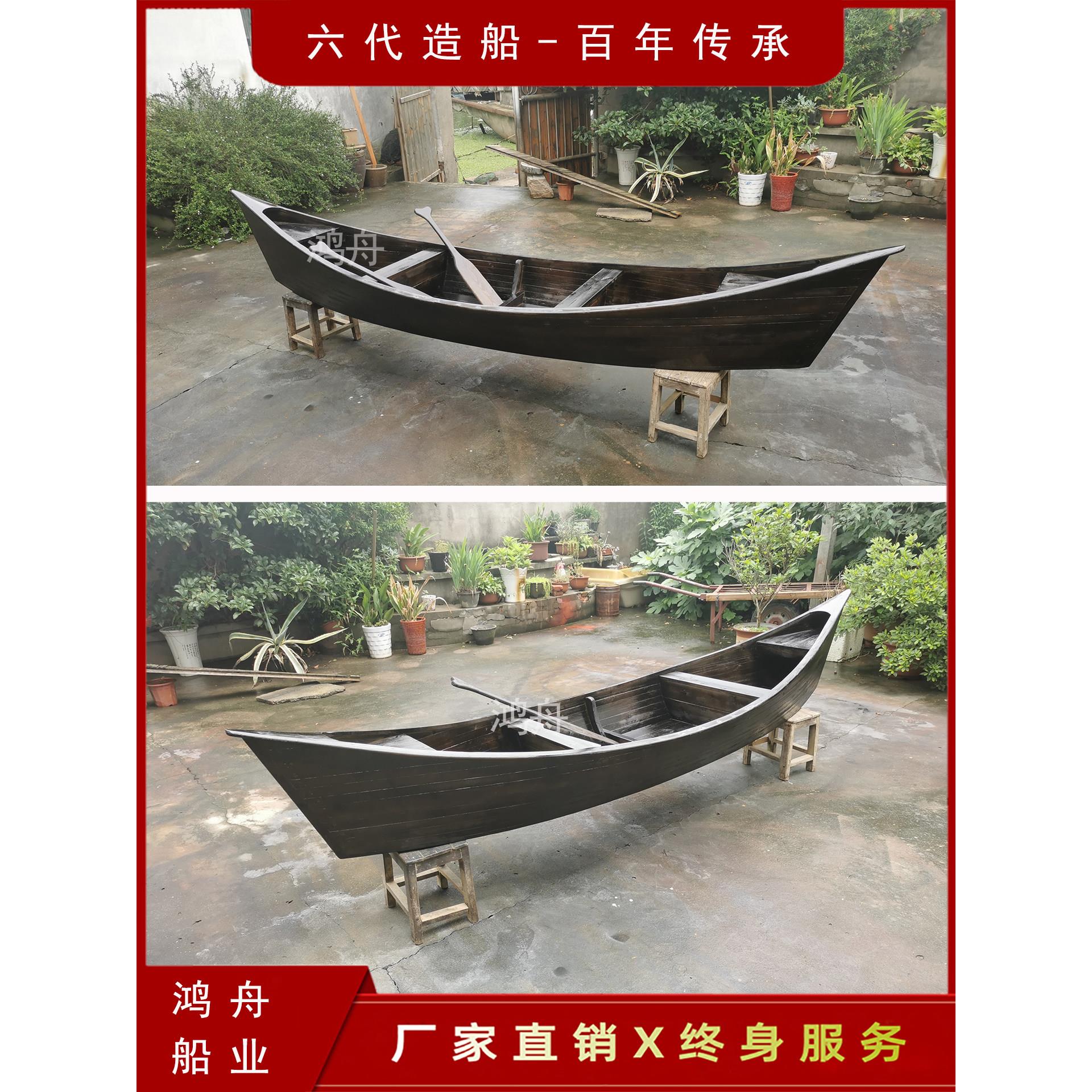仿古小木船装饰摆件道具花船两头尖欧式手划观光旅游船实木景观船