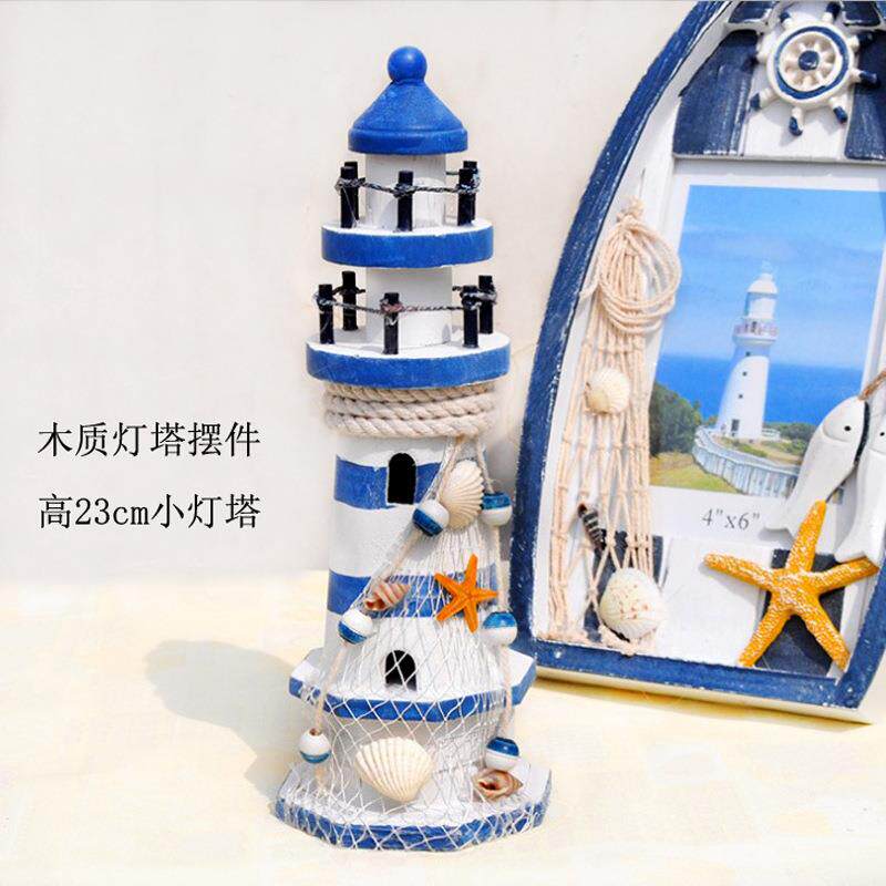 地中海风格灯塔 木质工艺品 木制装饰家居桌面海洋风六角灯塔摆件