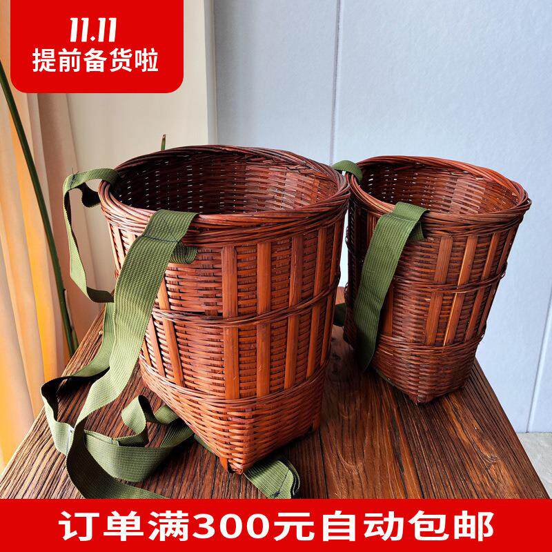 复古红竹编背篓加厚加厚头层竹皮箩筐有背带竹筐果蔬采摘表演道具