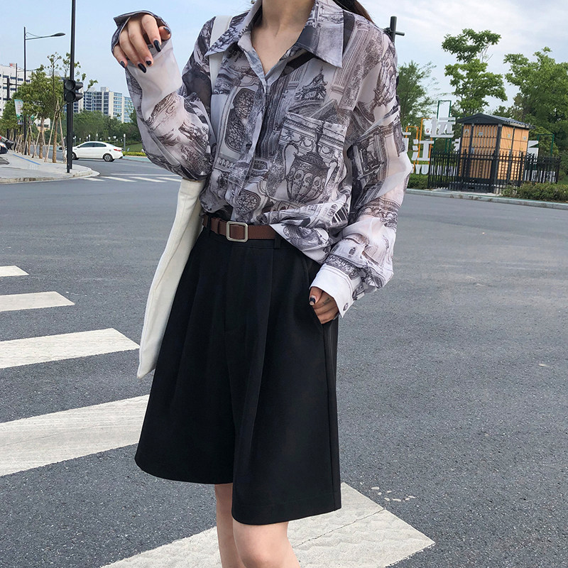 2021新款夏季高腰五分短裤女直筒宽松休闲西装裤垂感黑色阔腿裤子