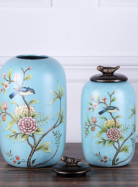 美式乡村花鸟陶瓷花瓶储物罐家居软装饰品客厅玄关酒柜样板房摆件