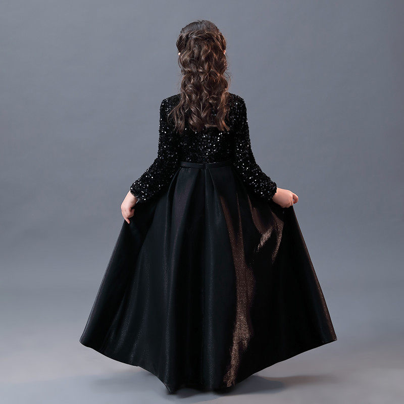 冬季黑色儿童年会演出礼服女童合唱长袖晚礼服钢琴演奏服公主裙新