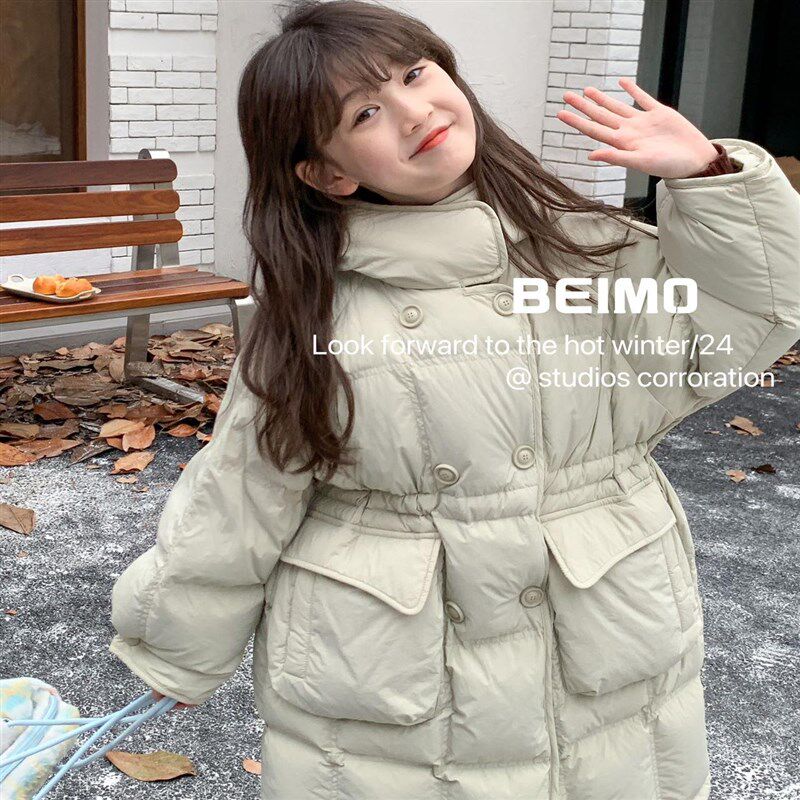 儿童羽绒服加厚中长款2024冬季新款双排扣连帽中大童女童洋气外套