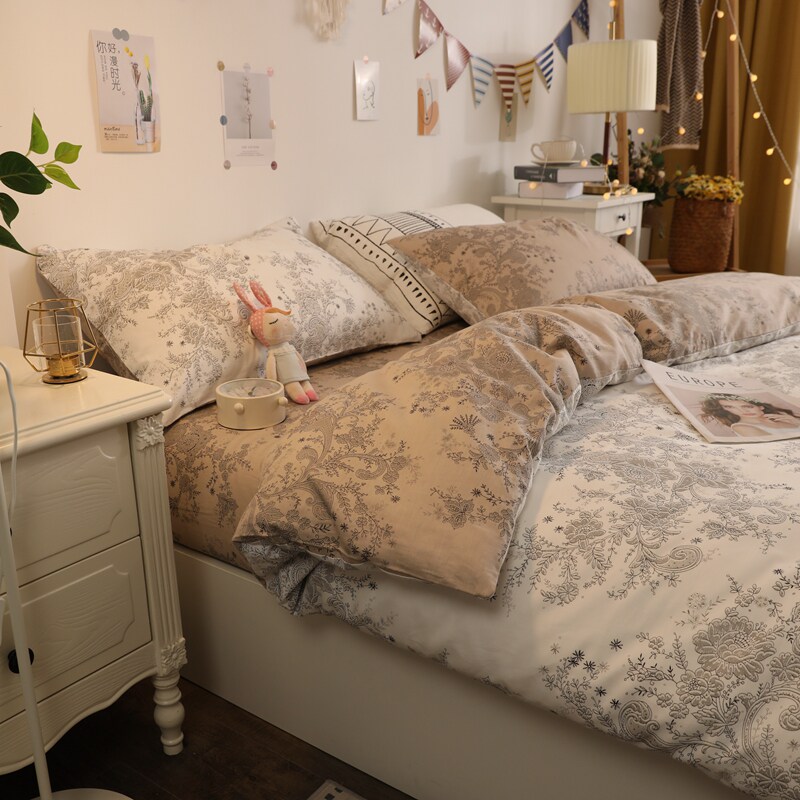 欧美小清新田园风花卉纯棉三件套简约全棉被套床笠床上床单四件套