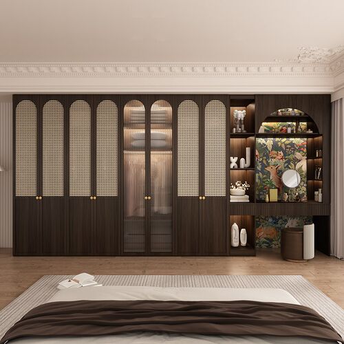 侘寂复古enf级环保衣柜带玻璃门卧室实木家用欧松板整体衣橱定制