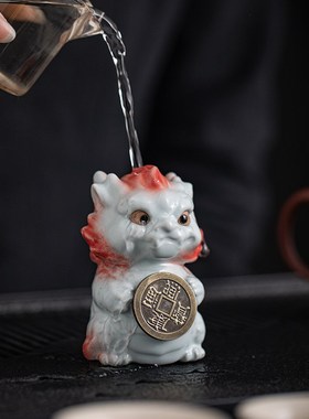 汝窑小龙醒狮茶宠天青开片可养茶玩摆设手把摆件陶瓷茶具个性送礼