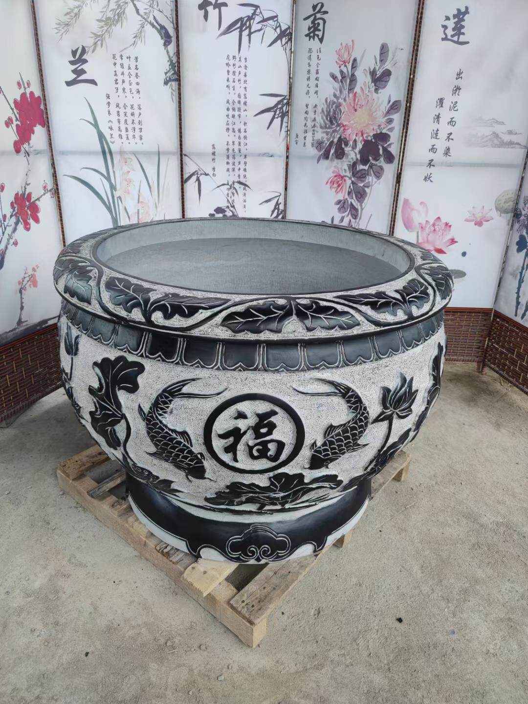 石雕鱼缸花盆青石仿古荷花缸庭院汉白玉养鱼盆荷花中式别墅造景