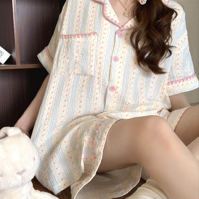 夏天甜美条纹撞色拼接棉纱睡衣女款夏大码短袖家居服2026新款夏季