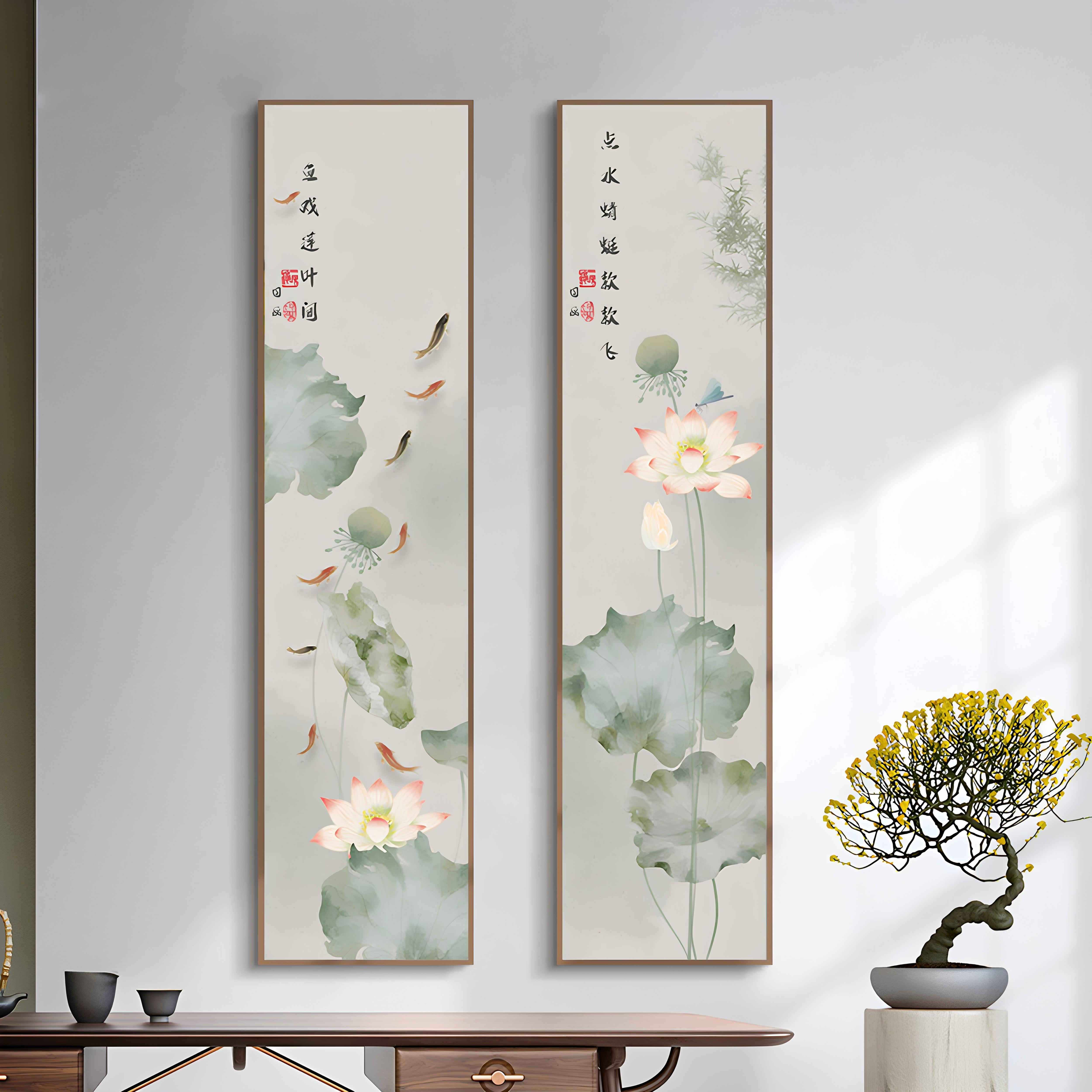 九鱼图入户玄关挂画荷花水墨画走廊过道装饰画书房茶室聚财风水画