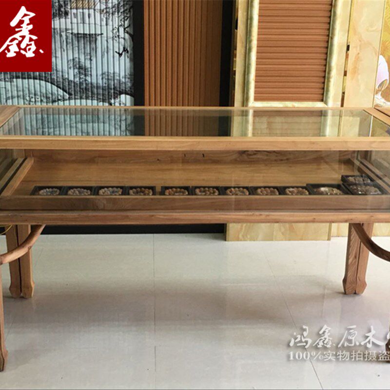 老榆木珠宝展示柜眼镜柜首饰品货柜陈列柜原木玻璃展柜带灯矮展柜