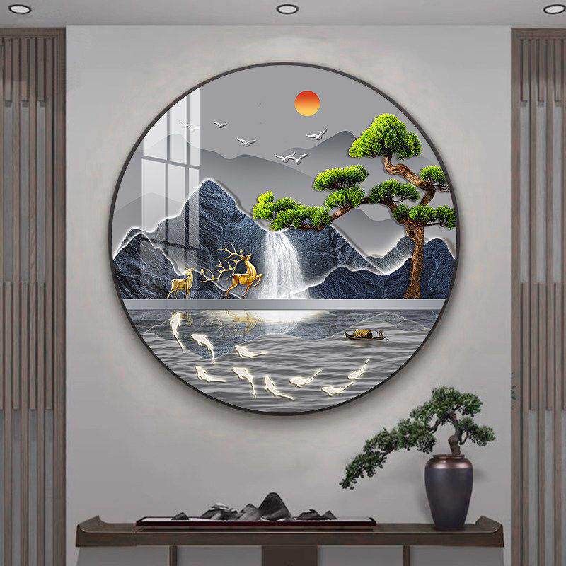 山水圆形客厅装饰画寓意好玄关柜挂画轻奢餐厅饭厅墙面高级感壁画