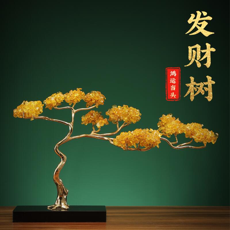 发财树迎客松摆件新中式玄关客厅电视柜办公室装饰品乔迁新居送礼
