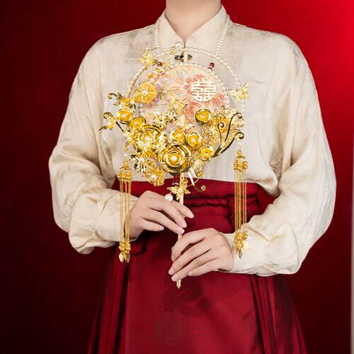 金色团扇结婚秀禾新中式喜扇手工diy材料包新娘送闺蜜成品手捧花