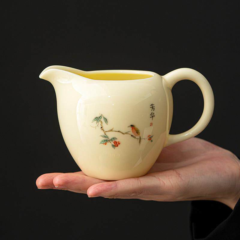 芳华羊脂玉瓷公道杯陶瓷分茶器公道杯茶海匀杯带手柄功夫茶具配件