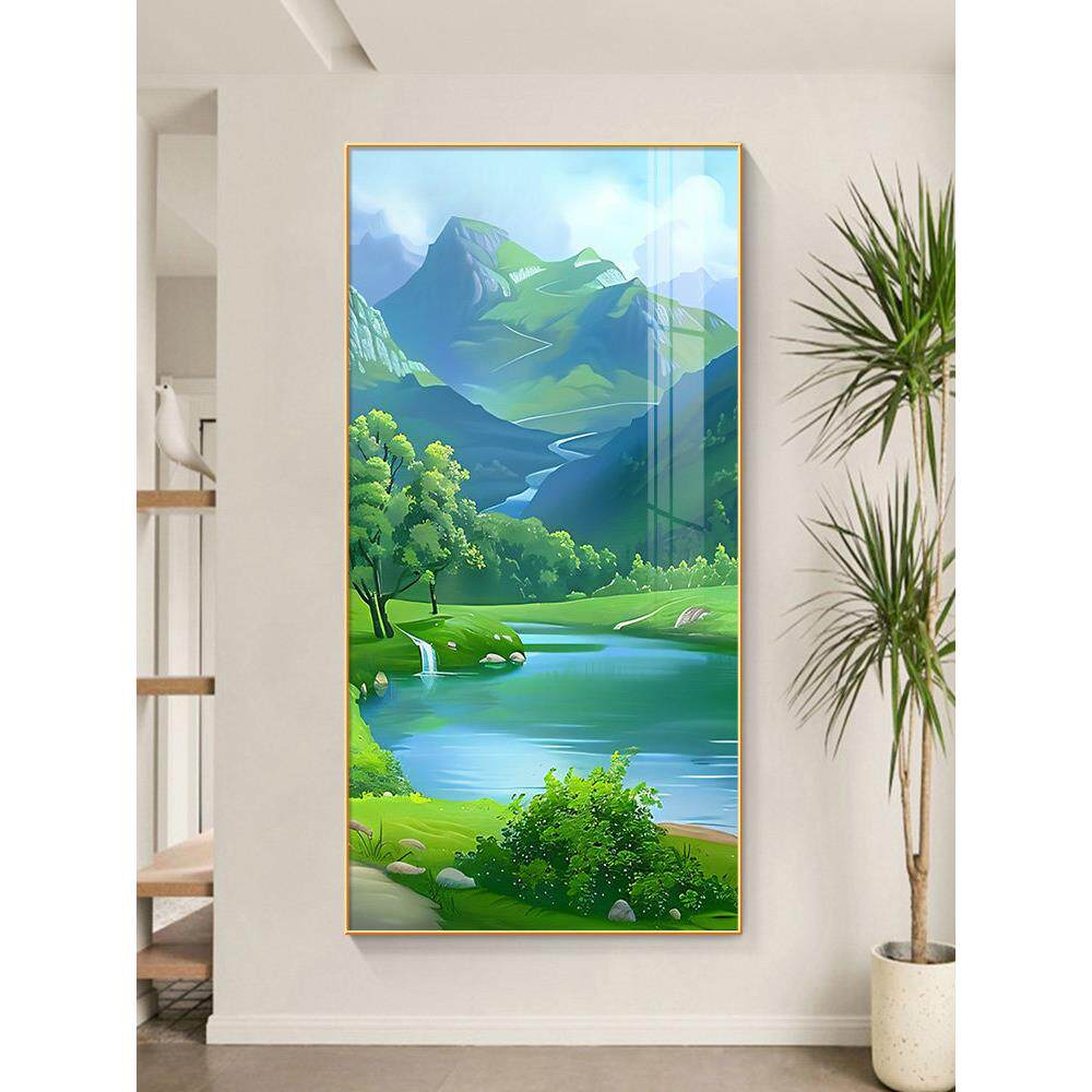 青山绿水玄关画一进门客厅走廊过道背景墙装饰画绿色山水画风景画