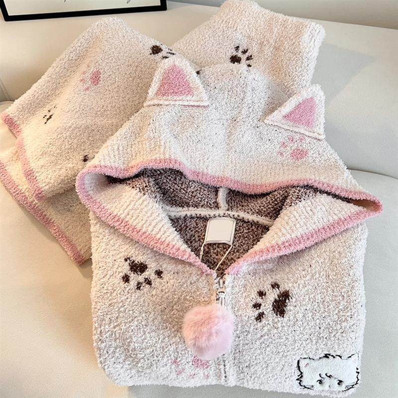 Sin Glee 可爱猫爪半边绒针织睡衣女冬款加绒加厚保暖家居服套装
