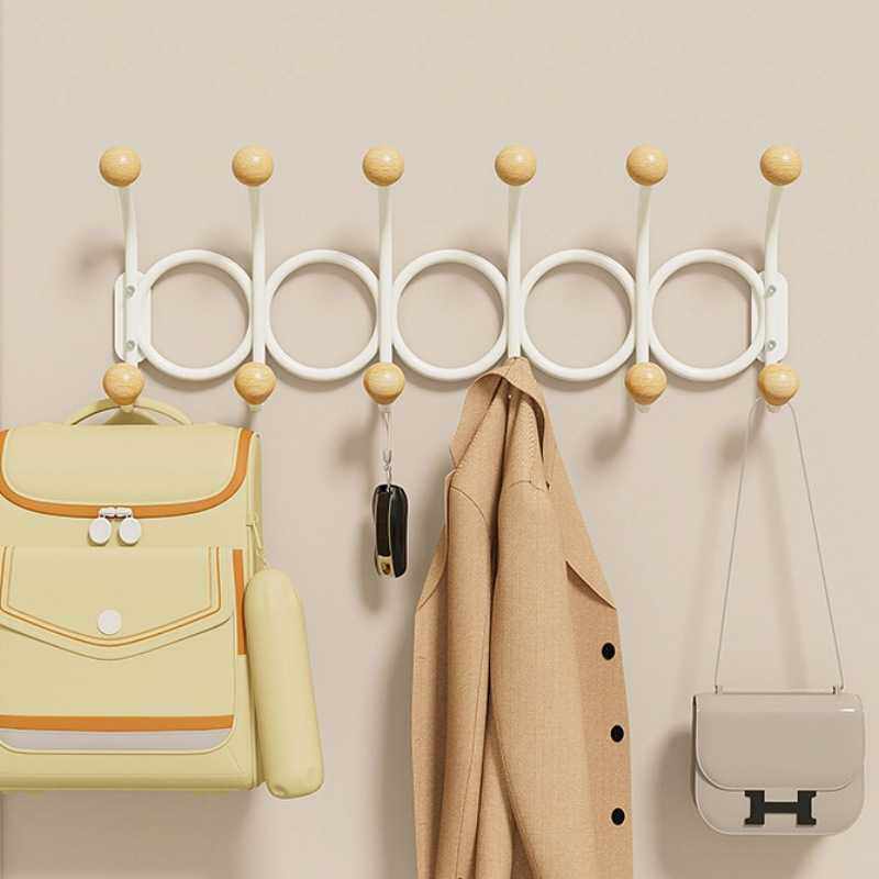 墙上挂衣钩铁艺木球双排钩墙壁免打孔挂钩粘钩客厅浴室收纳挂衣架
