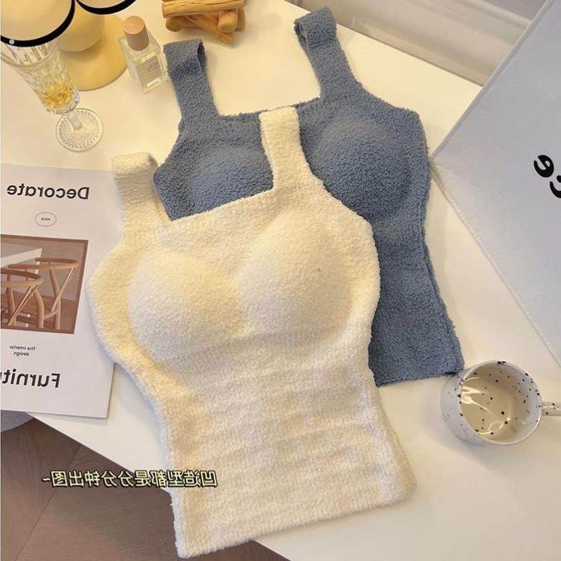 带胸垫加绒吊带背心羊羔绒毛绒保暖打底衫秋冬免穿文胸一体式内搭