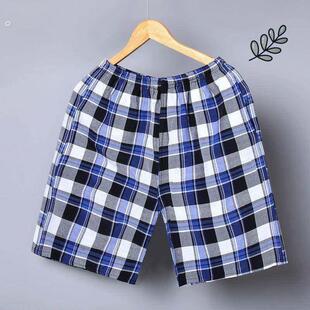 夏天短裤 睡裤 纯棉宽松薄款 全棉休闲格子沙滩裤 大码 家居中裤 男士