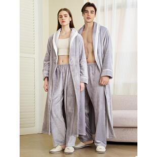 加厚珊瑚绒带裤 秋冬季 子家居服男法兰绒浴袍睡衣女 睡袍套装 加长款