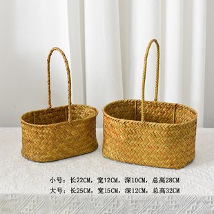 草编花篮手提插手工藤编编织小号装饰花筐篮儿童筐子圆形大小号