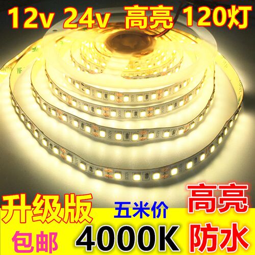 24v4000K高亮12v8mm防水120珠中性光4500K自然白太阳光led灯带条