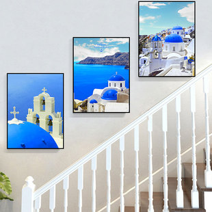 复式楼梯装饰画楼梯口楼梯间三联挂画客厅走廊过道山水风景墙壁画