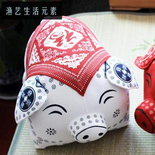 福猪吉祥物招财猪娃娃摆件布偶 布络中式手工印花十二生肖布艺