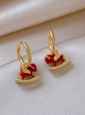 法国Last Kiss红色玄学旺财耳扣本命年小马耳环女高级感金耳钉