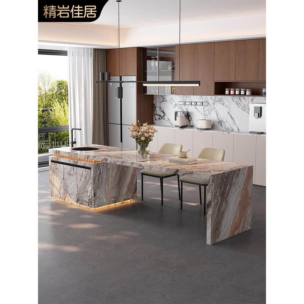 意式极简岩板岛台餐桌一体家用可伸缩中导台小户型轻奢餐倒台定制
