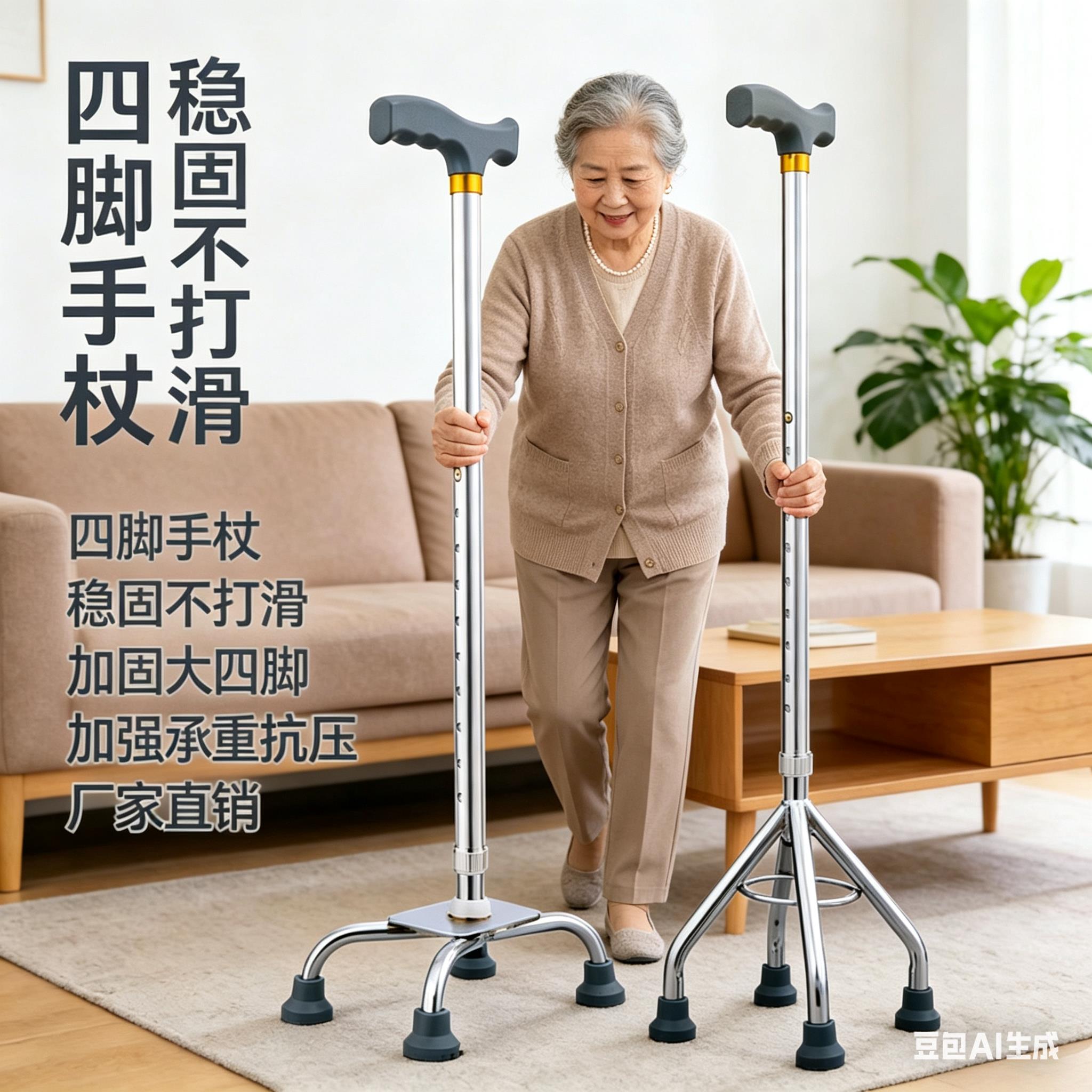 老人大四角拐杖手杖加厚轻便加固防滑伸缩老年人高四脚拐棍可调节