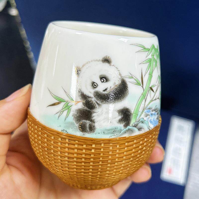 大熊猫竹编茶具非遗竹丝扣瓷手握杯四川成都特色文创国潮礼物包邮