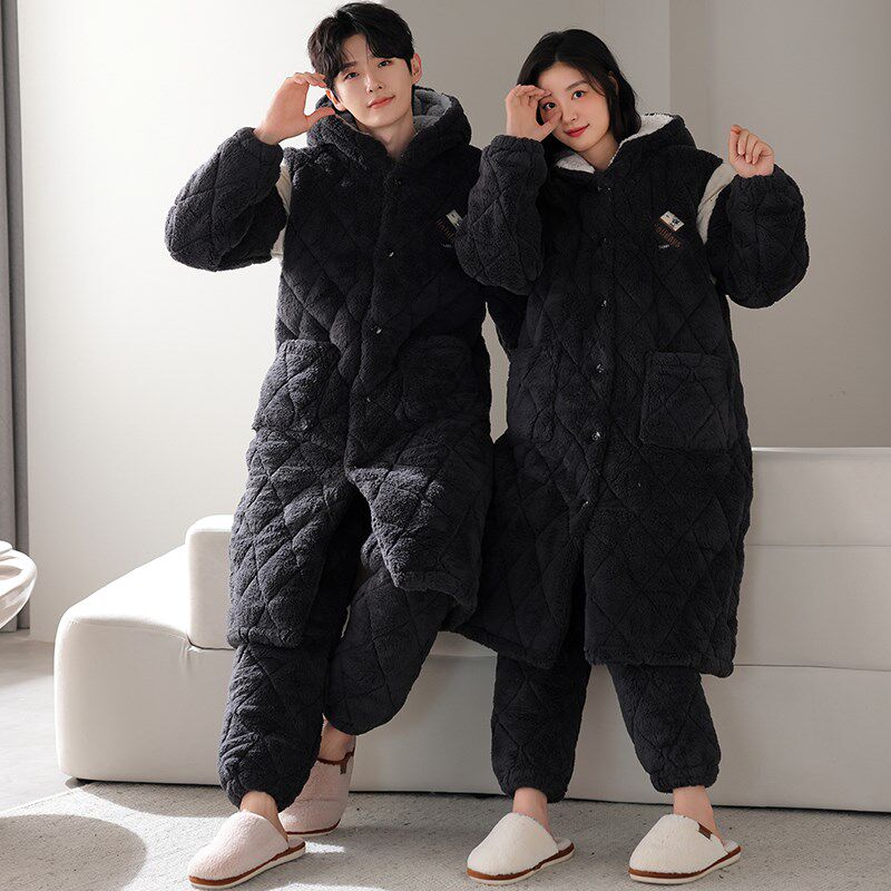 情侣睡衣女秋冬款三层加厚珊瑚绒夹棉冬季加长款睡袍男家居服套装