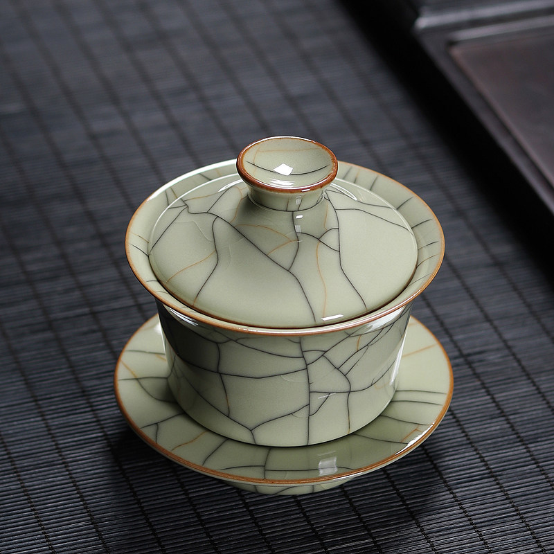 青瓷三才盖碗茶杯传世哥窑冰裂纹龙泉陶瓷功夫茶具手工泡茶碗家用