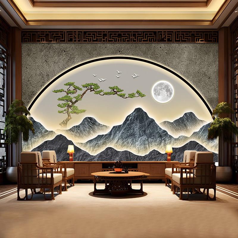 大气新中式茶室客厅背景墙壁纸背有靠山3d复古壁画书房办公室壁布