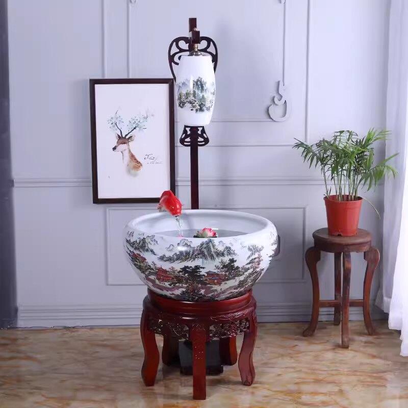 景德镇陶瓷器中式金鱼缸过滤加氧缸循环流水养鱼盆客厅摆件特大缸