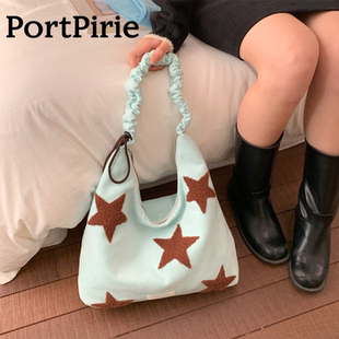 Port Pirie撞色帆布包星星图案单肩包2026春季饺子包休闲百搭女包