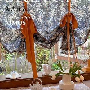 美式碎花复古窗帘上下升降提拉帘门帘厨房卫生间罗马帘隔断免打孔