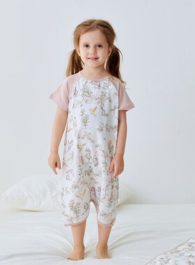 721星球婴儿睡袋夏季短袖两粒扣睡袋儿童竹棉短袖宝宝连体衣宽松