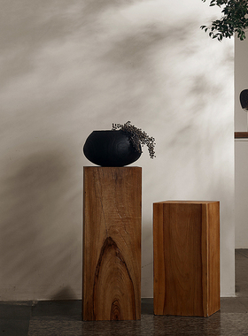 侘寂风底座雕塑造台装饰摆件方形香樟木日式民宿碳化木墩家用实木