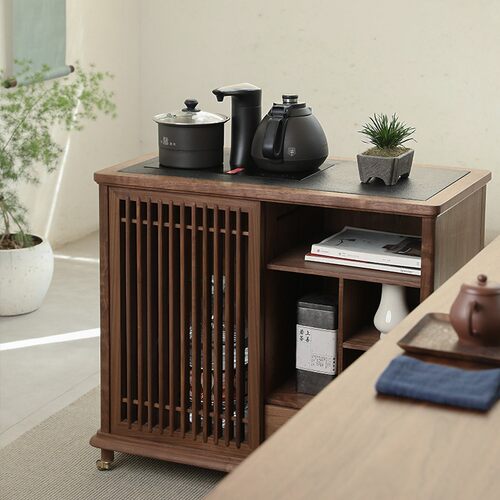 璞木新中式移动茶水柜实木黑胡桃烧水柜下置水桶茶边柜白蜡木矮柜