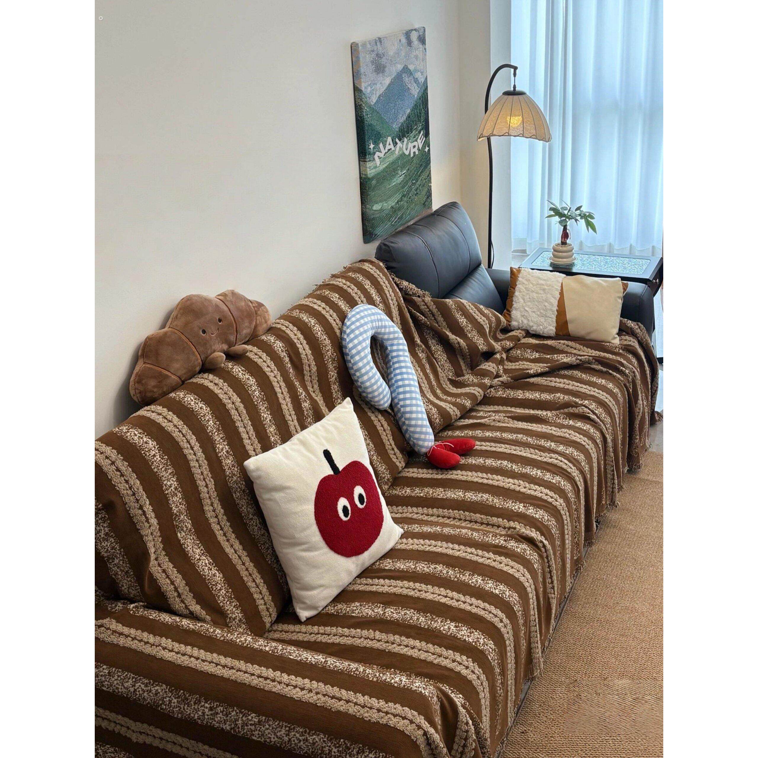 沙发盖布沙发垫四季通用2025新款棕色条纹沙发巾沙发罩防滑防猫抓